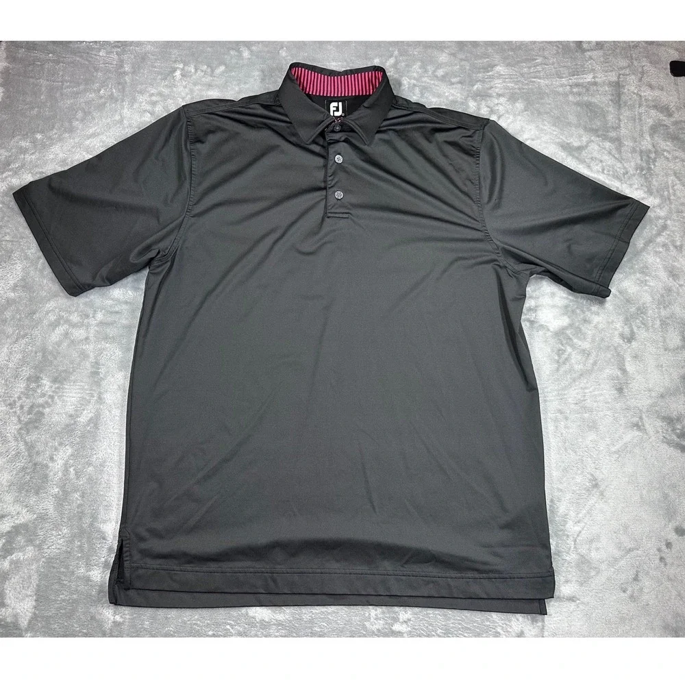 FootJoy Mens Golf Polo Shirt Black Pink Striped Collar Stretch Performance Large